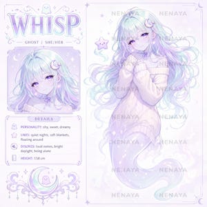 Könnte beinhalten: Ein Charakter-Referenzblatt für Whisp, einen Geist mit langem Pastellhaar, der einen cremefarbenen Zopfmuster-Pullover trägt. Die Illustration enthält ein Porträt, eine Ganzkörperansicht und Text zu Persönlichkeit, Vorlieben und einer Größe von 158 cm.