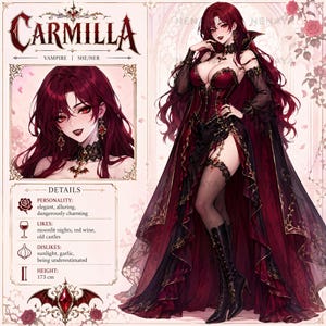 May include: A character reference sheet for Carmilla, a vampire with long dark red hair and red eyes. The illustration features a portrait and a full-body view of the character wearing a dark red and black gown with gold trim, a lace choker, and boots.