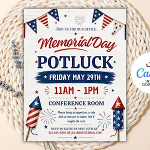 Può includere: Invito per un potluck del Memorial Day con colori rosso, bianco e blu. Il design include testo, fuochi d'artificio e ghirlande di bandiere americane. L'evento si terrà venerdì 29 maggio, dalle 11:00 alle 13:00.