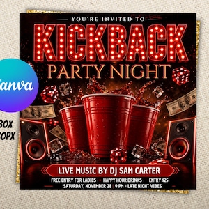 Kickback Party-flyer, bewerkbare kickback Club-flyer, Club DJ-feestuitnodiging, evenementflyer, social media-flyer, Canva-sjabloon, Instant Download