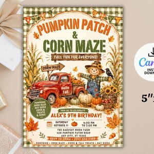 Pumpkin Patch Birthday Invitation Corn Maze Fall Party Invite Watercolor Farm Autumn Editable Canva Template for Birthday Celebration