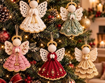 May include: Five crocheted angel ornaments hanging on a Christmas tree. Each angel features a round head, a gold halo, and intricate lace-like wings. The dresses are white, sage green, dusty pink, deep red with gold stars, and beige.