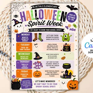 May include: A colorful Halloween Spirit Week flyer for Bluetale Elementary featuring a schedule from Monday to Friday with illustrations of ghosts, pumpkins, monsters, and witches' hats, plus text detailing daily themes and event dates.