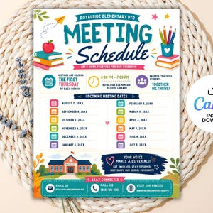 May include: A colorful flyer titled Royalside Elementary PTO Meeting Schedule with illustrations of books, a pencil cup, and a school building. The document lists meeting dates, times, and contact information for parents, teachers, and students.