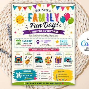 Könnte beinhalten: Ein bunter Flyer für einen Familientag mit einer lächelnden Sonne, Luftballons und Wimpeln. Der Text enthält Veranstaltungsdetails, Datum, Ort und Symbole für Spiele, Musik, Imbisswagen, Kinderschminken, Preise und eine Fotokabine.