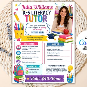 May include: A flyer for a K-5 literacy tutor named Julia Williams. The design features colourful school supplies, a stack of books, a graduation cap, and a photo of a teacher. Text includes contact details, qualifications, and a rate of $40/Hour.