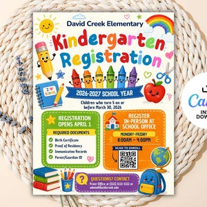 Könnte beinhalten: Buntes Kindergarten-Anmeldeplakat mit Illustrationen von Sonne, Regenbogen und Buntstiften. Der Text "Kindergarten-Anmeldung" und Details für das Schuljahr 2026-2027 sind enthalten, einschließlich Anmeldedaten und erforderlichen Dokumenten.
