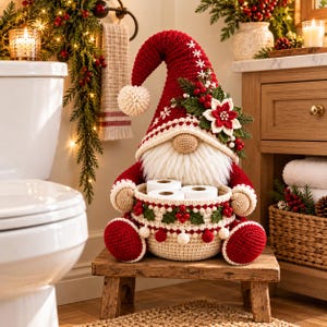 May include: A crocheted gnome figurine featuring a tall red pointed hat with white embroidery, a thick white yarn beard, and a round nose. The gnome holds a round basket containing two rolls of toilet paper, decorated with red berries and green leaves.