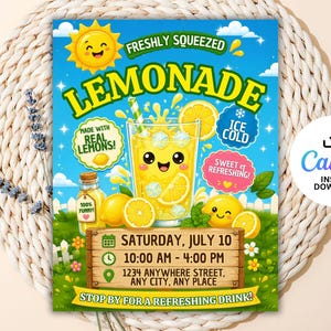 Könnte beinhalten: Ein farbenfrohes Limonadenplakat mit einer Cartoon-Sonne, einem lächelnden Glas Limonade und Zitronen. Das Poster enthält den Text "Freshly Squeezed Lemonade" und Veranstaltungsdetails für Samstag, den 10. Juli.