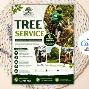 Könnte beinhalten: Ein Flyer für Evergreen Tree Service mit grünem und weißem Text, einem Logo mit einem Baum und Fotos von Arbeitern beim Baumschnitt und beim Einsatz eines Häckslers. Der Flyer enthält Kontaktinformationen, Dienstleistungen und ein Canva-Symbol.