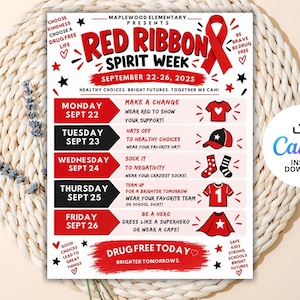 May include: A Red Ribbon Spirit Week flyer for Maplewood Elementary, dated September 22-26, 2025. The white document features red and black text, a red ribbon graphic, and daily themes with icons for a shirt, hat, socks, jersey, and superhero cape.