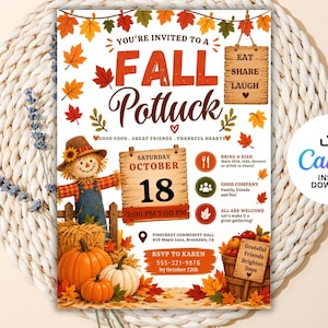Pode incluir: Um folheto de convite para um potluck de outono com um espantalho, abóboras e folhas de outono. O texto diz: YOU'RE INVITED TO A FALL POTLUCK, EAT SHARE LAUGH, SATURDAY OCTOBER 18, 3:00 PM 7:00 PM, GOOD FOOD, GREAT FRIENDS, THANKFUL HEARTS.