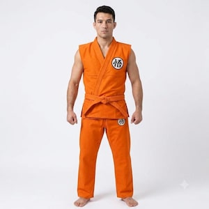 May include: A sleeveless orange martial arts gi featuring a wrap-style top with a V-neckline and a matching tie belt. The garment displays a circular white patch on the left chest and the right thigh, each containing the black Japanese kanji character 悟.