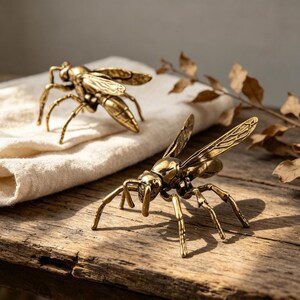 May include: Two metallic brass-colored insect figurines shaped like wasps or bees. Each figure features detailed wings, segmented bodies, and six thin legs. The insects are positioned on a wooden surface, with one resting near a folded white cloth.