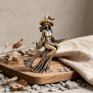 Könnte beinhalten: Bronze-farbene Hexenfigur auf einem Besen reitend. Die Hexe trägt einen spitzen Hut und ein fließendes Kleid. Die Figur steht auf einem Holzbrett mit neutralem Hintergrund, passend für Halloween oder Fantasy-Themen.