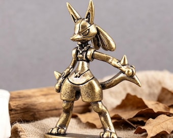 Massive Kupfer-Lucario-Figur, Handgemachte Pokemon Schreibtisch Dekoration, Vintage Sammler Geschenk, Nostalgischer Akzent