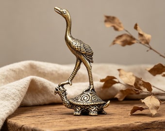 Vintage Messing Kran & Schildkröte Figur, handgefertigte Langlebigkeit Statue, Mini Messing Feng Shui Dekor, Schreibtisch Ornament Geschenk
