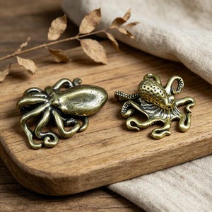 May include: Two antique brass octopus figurines. One is smooth, the other has a textured head. The octopus figurines are on a wooden surface, with a neutral-colored cloth and dried leaves in the background.