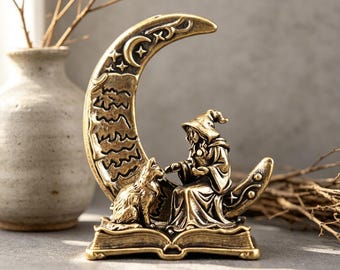 Handmade Brass Witch Figurine – Mystic Moon Sculpture, Wizard on Book with Cat, Vintage Brass Desk Ornament, Magical Home Decor Gift