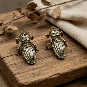 May include: Two antique brass beetle figurines. The beetles are detailed with textured wings and legs, and are positioned on a weathered wooden surface. The brass has a warm, aged patina, suggesting a vintage aesthetic.