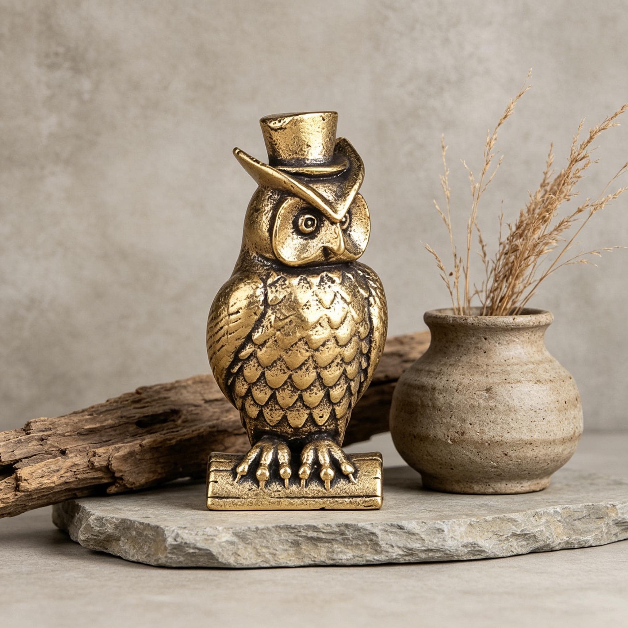 Miniature Copper Owl Figurine &ndash; Handcrafted Small Desk Ornament, Vintage Animal Sculpture, Uni