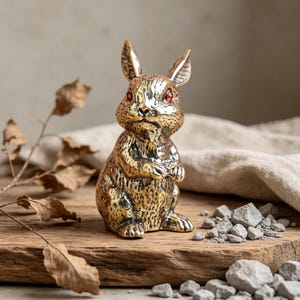 May include: A detailed, gold-coloured rabbit figurine with red eyes. The bunny is posed upright with its paws together. The figurine is on a wooden surface with small grey rocks and dried leaves.