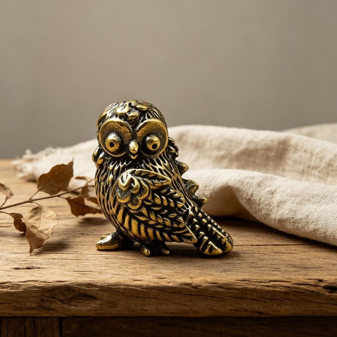 Vintage Brass Owl Figurine, Handmade Mini Owl Statue, Tiny Brass Bird Decor, Desk Ornament Gift