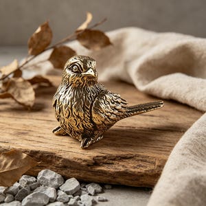 May include: A detailed, golden-colored bird figurine with textured feathers and a focused gaze. The bird is perched on a rustic wooden surface, with a neutral-toned fabric and dried leaves in the background. A decorative accent piece.