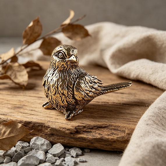 A tiny hand-hammered copper bird sculpture — the kind of micro-collectible desk ornament that makes people stop and pick it up.