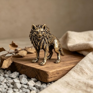 May include: A detailed bronze wolf figurine with a textured mane and fur stands on a wooden board. The wolf is in a standing pose, with its head slightly raised. The background includes a neutral-toned backdrop and small rocks.