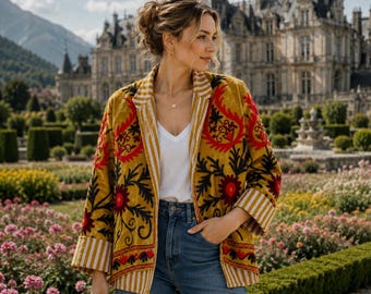 Mustard Suzani Embroidered Jacket Women | Handmade Boho Floral Quilted Coat