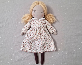 Handmade Waldorf Doll: 13" Cloth Doll with Floral Dress