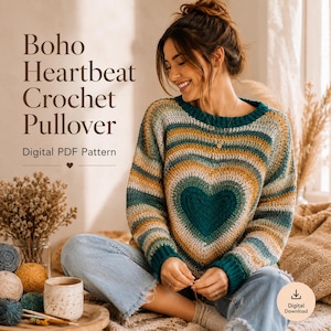Puede incluir: Un jersey de crochet Boho Heartbeat con diseño de corazón en tonos verdes, dorados y crema. La imagen incluye el texto "Digital PDF Pattern". La persona lleva el jersey.