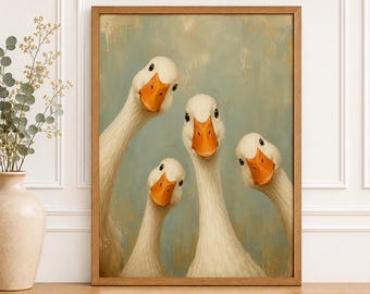 Silly Goose Wall Art Print, Funny Geese Portrait Painting, Quirky Farmhouse Decor, Gaggle of Geese Poster, Whimsical Art, Digital Download