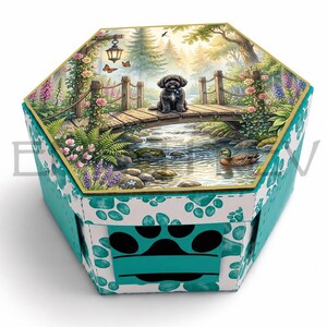 May include: A hexagonal box featuring a lid with a printed illustration of a black dog sitting on a wooden bridge over a stream with a duck, flowers, and trees. The sides of the box are white with teal paw prints and a central teal paw icon.