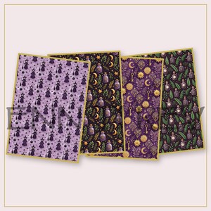 Peut inclure: Quatre feuilles de papier rectangulaires aux motifs distincts. Une feuille présente des sorcières violettes avec des balais et des étoiles. Les autres présentent des fonds sombres avec des motifs de fioles, feuilles vertes, soleils dorés, lunes et clés.