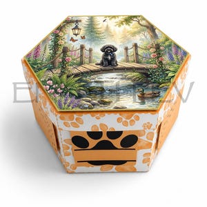 May include: A hexagonal box with a white and orange paw print pattern on the sides and a black paw print graphic on the front. The lid features a colorful illustration of a black dog sitting on a wooden bridge over a stream with a duck.