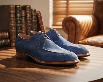 Men's Blue Suede Derby Shoes, Handmade Genuine Suede Leather Split Toe Dress Shoes, Luxury Formal Footwear
