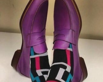 Mocasines de cuero morado hechos a mano para hombre, zapatos de vestir de lujo sin cordones, zapatos de cuero formales para bodas y negocios.