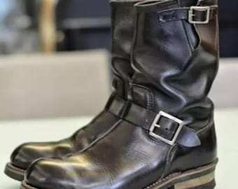 Botas de cuero negro para hombre hechas a mano – Botas de motorista de media caña con correas de hebilla, construcción Goodyear Welt.