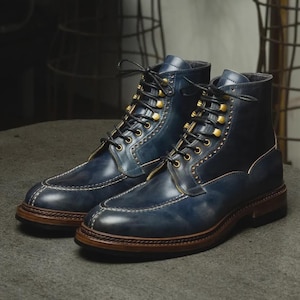 Men's Navy Blue Shell Cordovan Boots, Handmade Leather Split Toe Derby Dress Boots, Goodyear Welted Ankle Boots