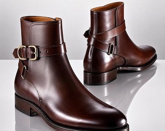 Puede incluir: Un par de botines de cuero marrón oscuro con un acabado pulido y liso, punta redondeada y una correa decorativa en el tobillo asegurada con una hebilla de metal dorado. Los botines tienen un tacón bajo y un diseño estructurado y limpio.