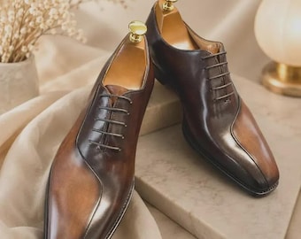 Zapatos Oxford marrones de piel auténtica, vestido bicolor con cordones y puntera cuadrada.