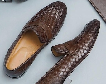 Mocasines tejidos de piel marrón, zapatos de vestir sin cordones con trenzado para hombre