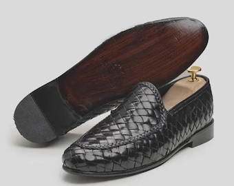 Mocasines de piel negra trenzada, zapatos de vestir sin cordones para hombre estilo mocasín.