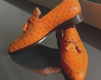 Mocasines con borlas en piel naranja, zapatos de vestir tipo mocasín sin cordones para hombre.