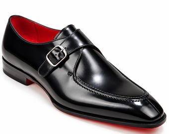 Men's Black Leather Monk Strap Shoes, Handmade Dress Shoes with Red Sole, Luxury Formal Party Footwear