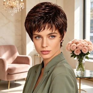 Customized labels,Short Layered Auburn Pixie Wig, Natural Synthetic Hair for Women