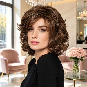 Puede incluir: Una peluca de longitud hasta los hombros con cabello castaño ondulado y en capas, con reflejos en tono marrón dorado. El peinado incluye un flequillo lateral y rizos voluminosos y texturizados que enmarcan el rostro con aspecto natural.