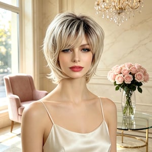 May include: A short, layered wig with a blonde colour palette featuring darker roots and side-swept bangs. The hair is styled in a textured, chin-length cut with soft volume, framing the face with wispy ends and a natural, multi-tonal appearance.
